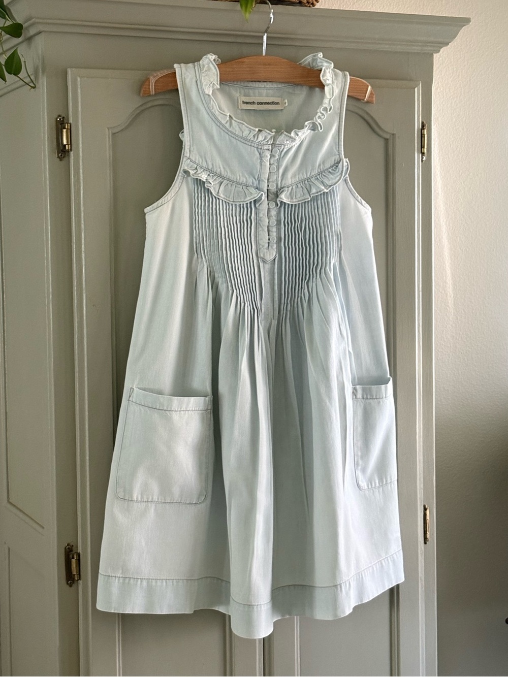 French Connection Light Wash Denim Ruffle Pintuck Sleeveless Mini Dress | Size 4